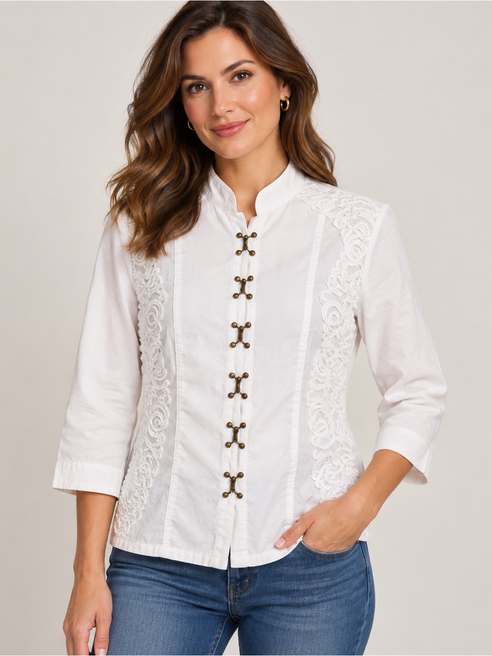 Contrast White Embroidered Lace 3/4 Sleeve Hook Closure Blouse Jacket